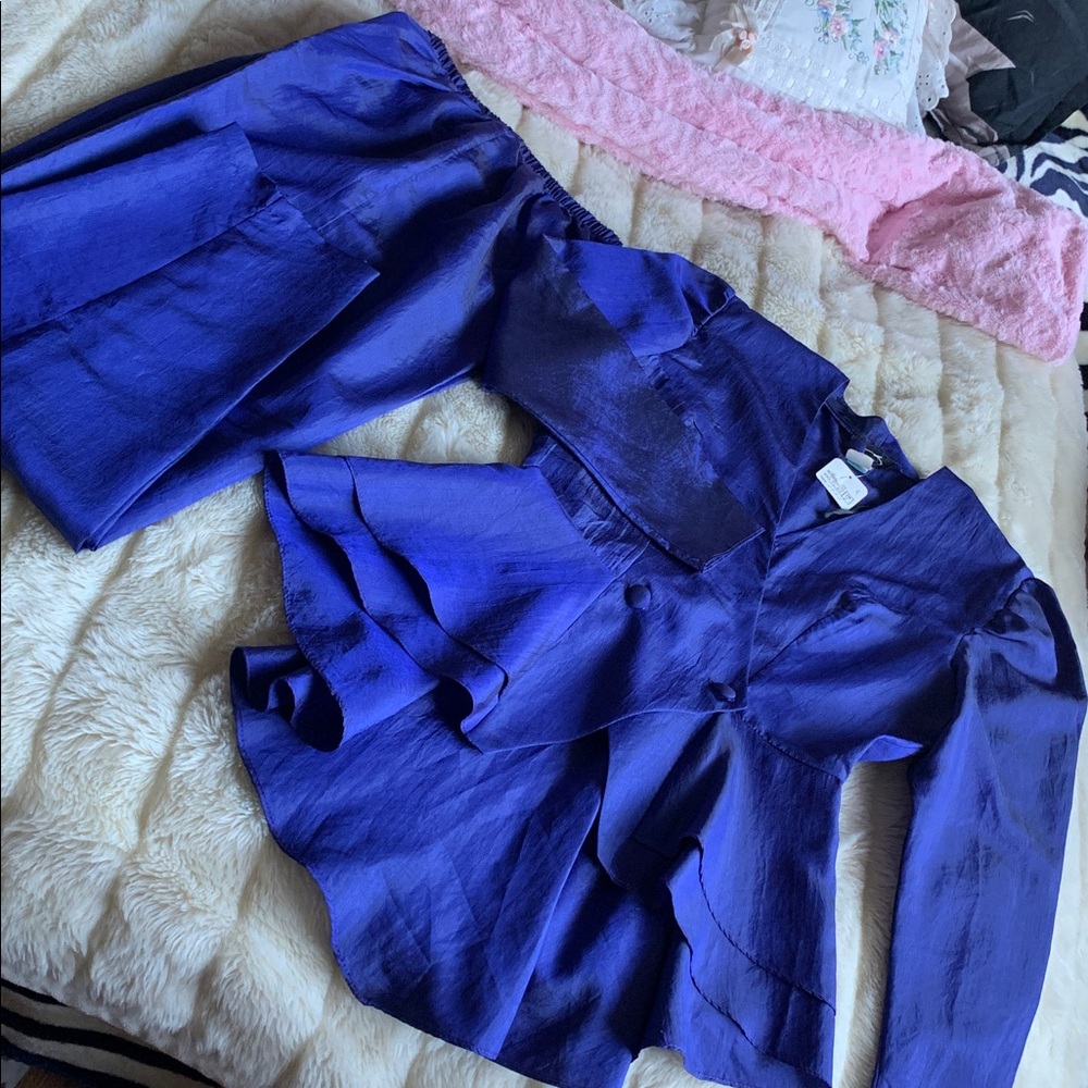 Vtg 1980s with tags parachute high low peplum puff slv pant suit M